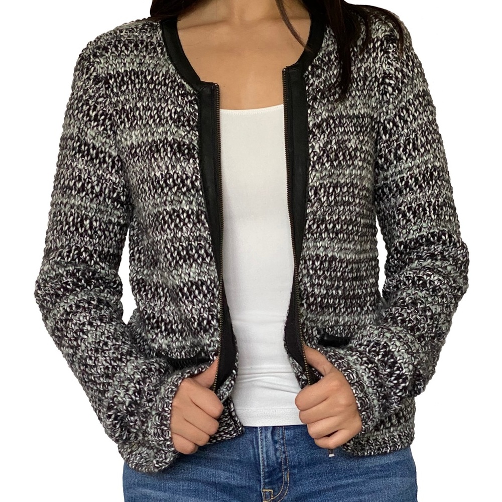 Joie black and white zip sweater with leather trim